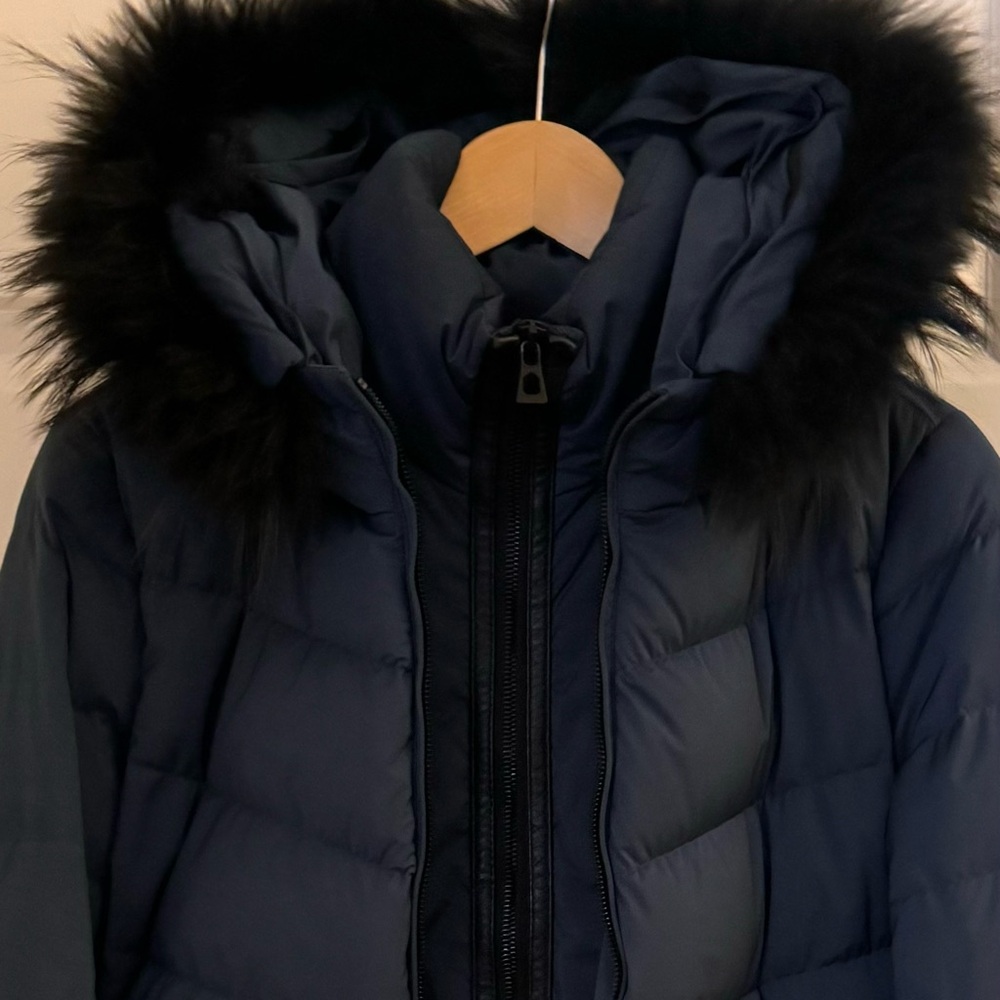 Navy Puffer Jacket with Black Fur Trim